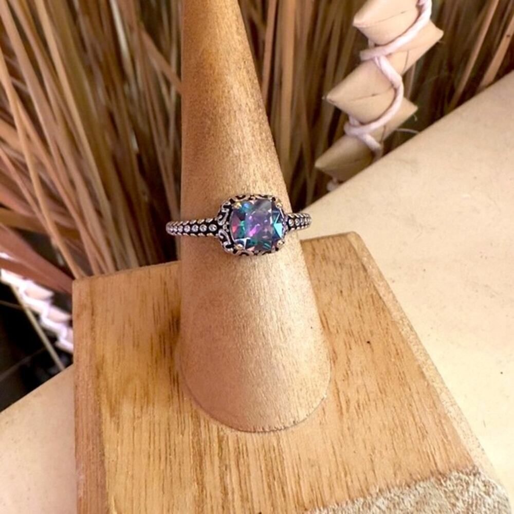 Sterling Silver Celtic Rainbow Topaz Cushion CZ Ring